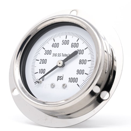 2 1/2 In Dial, 0/1000 PSI, 1/4 In NPT, Back Connection, Panel Mount Dry/Fillable Pressure Gauge